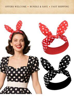 Bunny Ears Headband Polka Dot Set 2 Pc Vintage Retro Hair Accessories